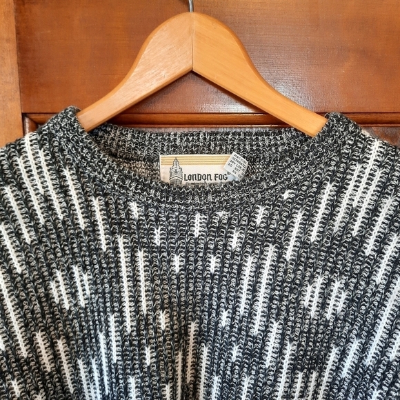 Vintage London Fog black & white geometric ribbed knit pattern Grandpa sweater - Picture 4 of 8